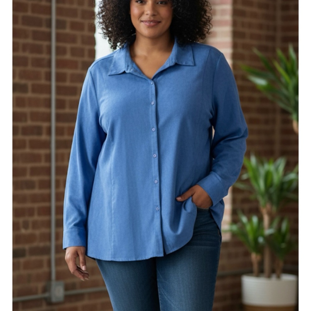 Catherines Blue Faux Suede Long Sleeve Button Front Shirt Size 4X